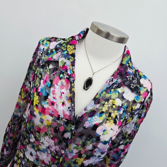 Violet & Claire Sheer Floral Blouse Button Front Collared Long Sleeve M Bright - Picture 6 of 15